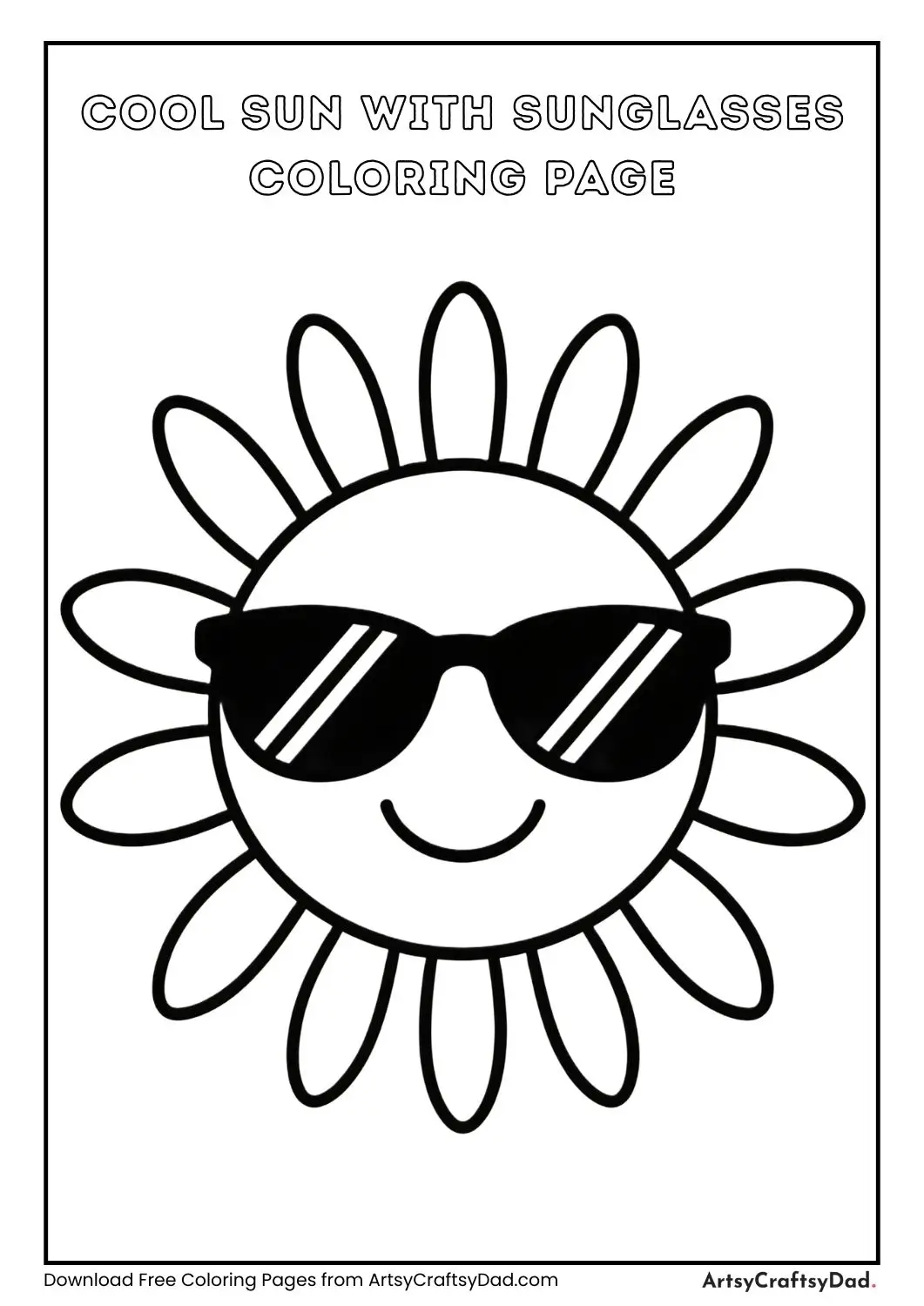 Sun wearing sunglasses black and white coloring page for kids