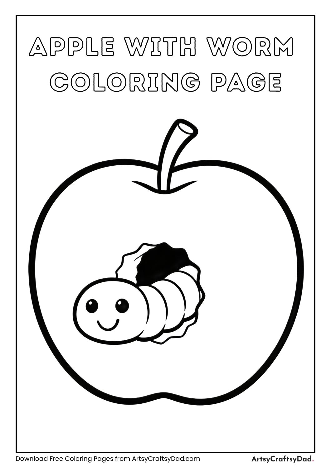 apple with worm cartoon coloring page for kids