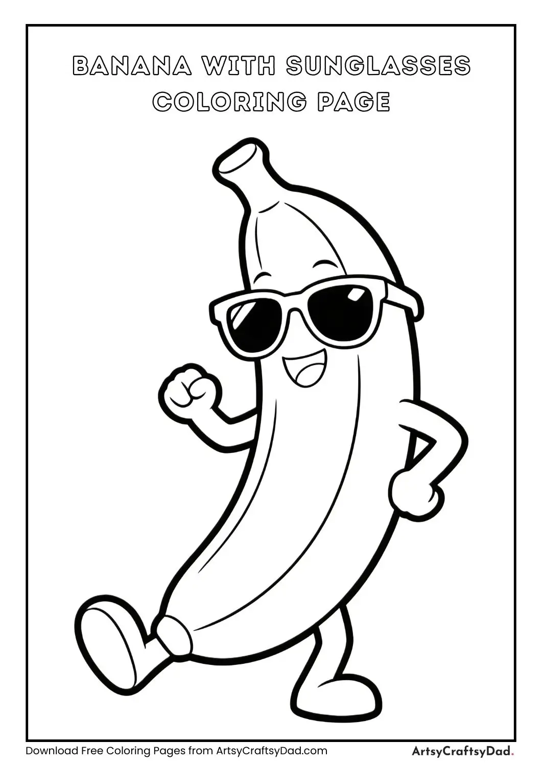 Banana with sunglasses fun coloring page for kids