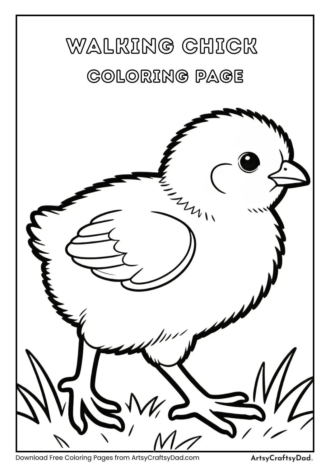 Chick walking on grass, simple black and white coloring page
