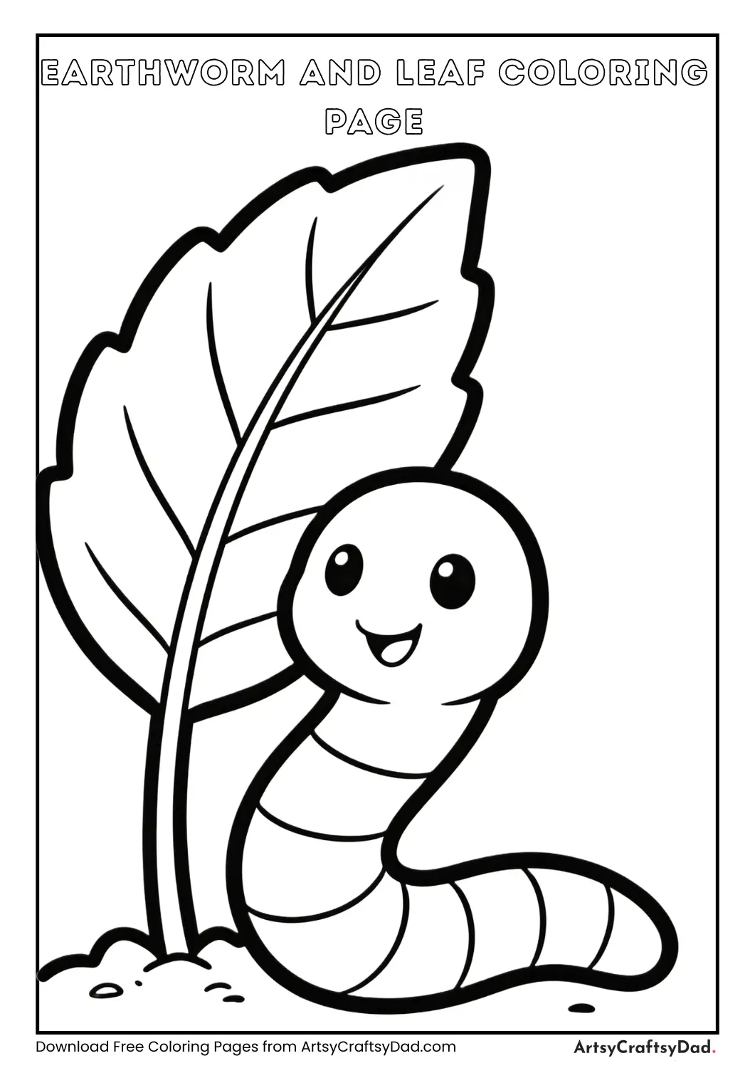 Earthworm near leaf black and white coloring page