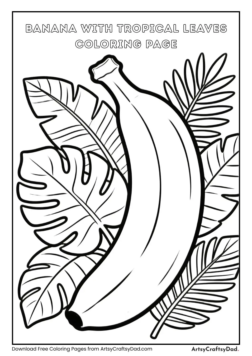 Banana with tropical leaves black and white coloring page