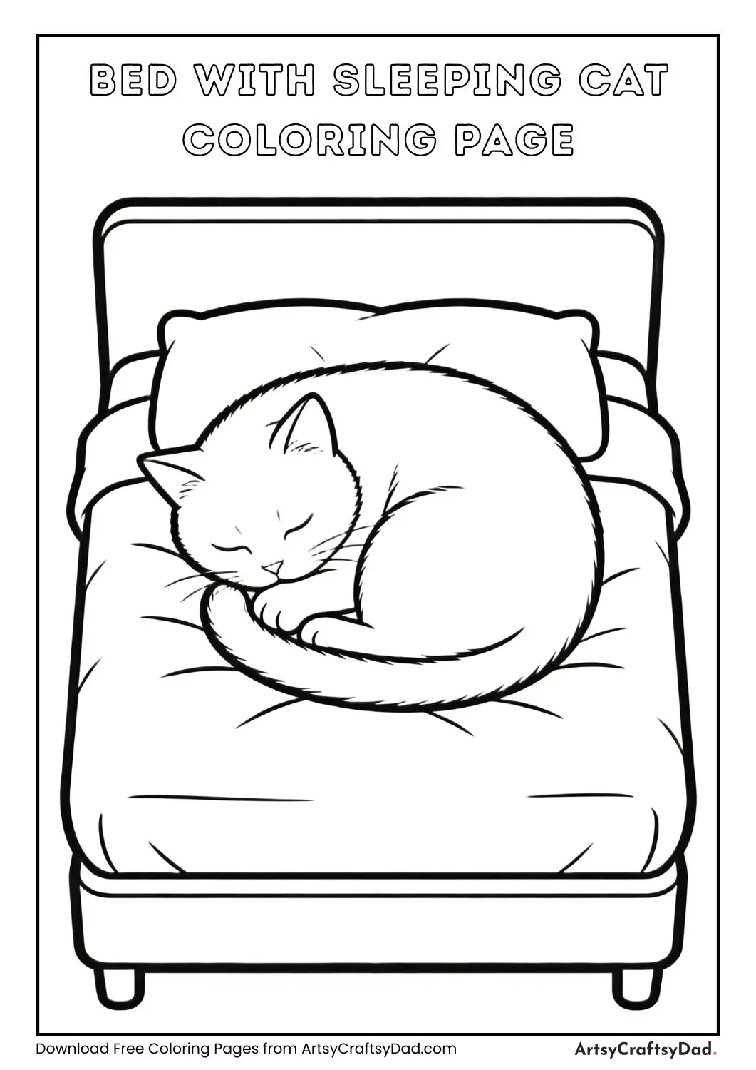 Bed with sleeping cat coloring page for kids