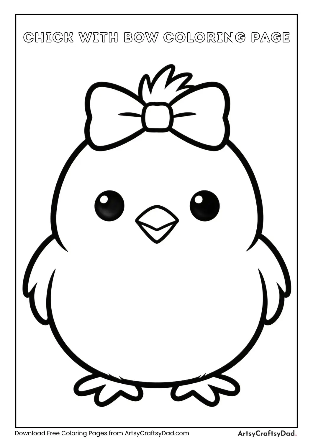 Cute chick wearing a bow, black and white coloring page