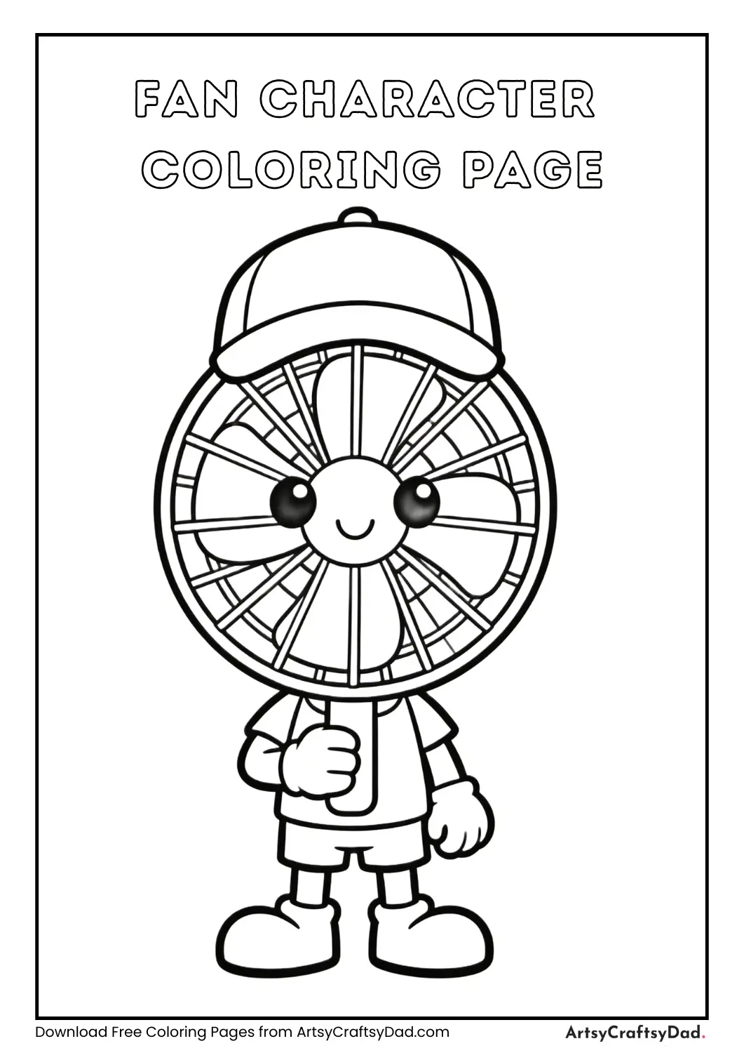 Cute fan character wearing a cap coloring page for kids