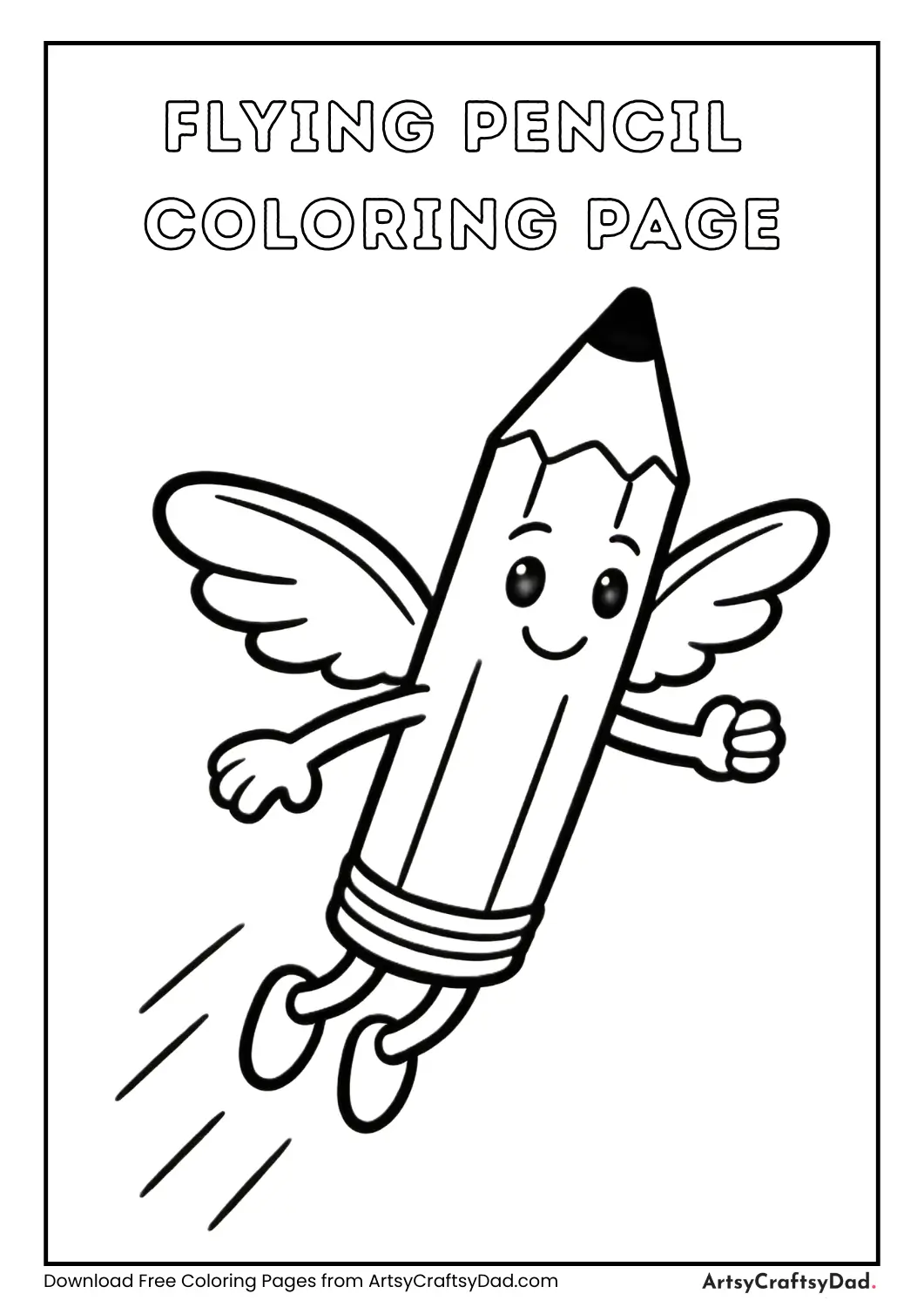 Flying pencil with wings coloring page