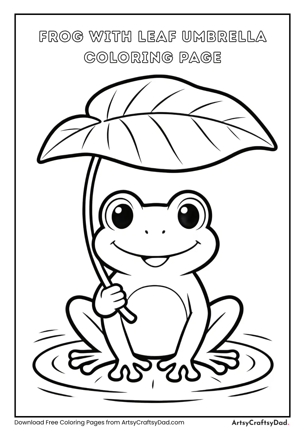 Frog holding leaf umbrella black and white coloring page
