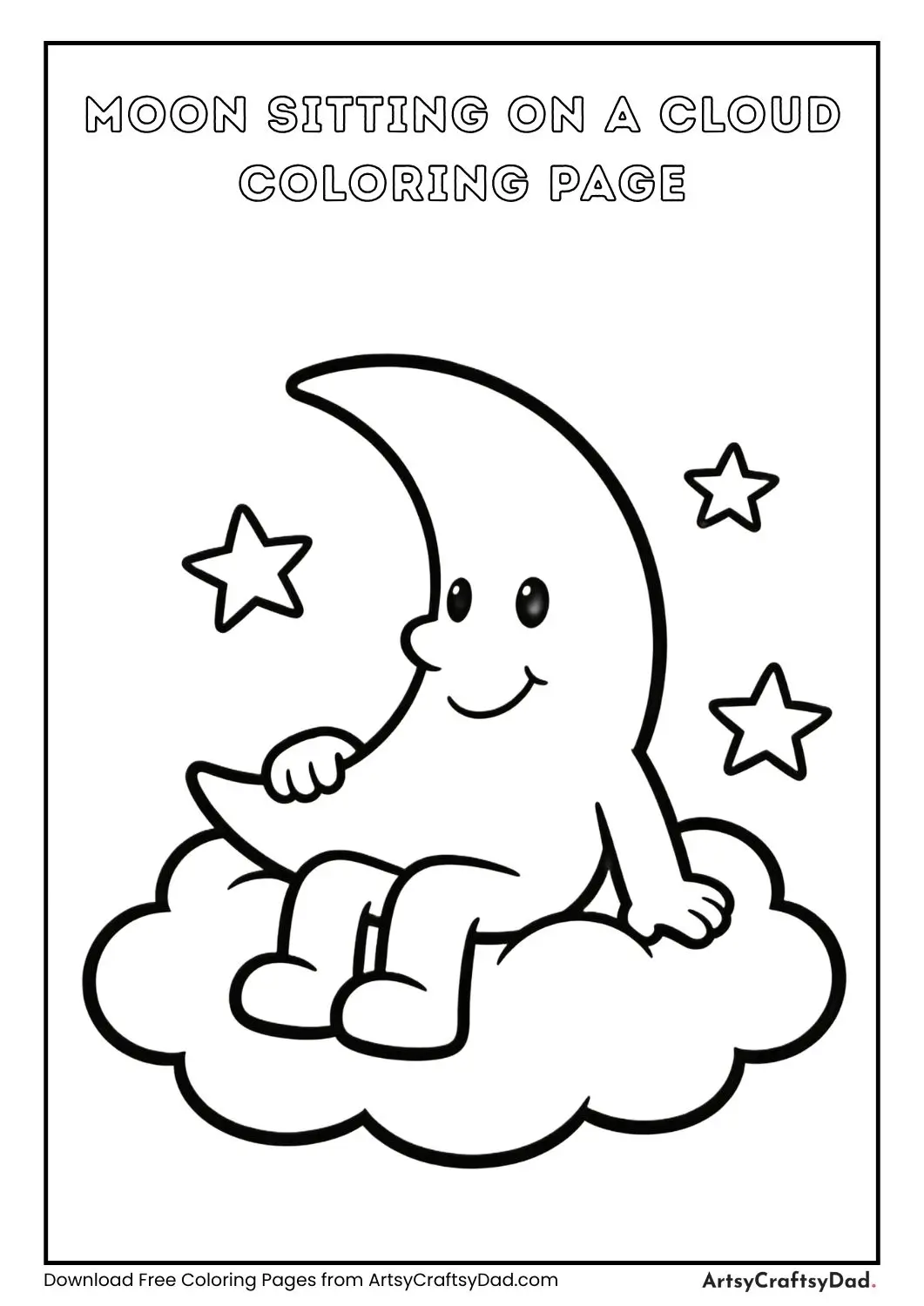 Moon sitting on a cloud with stars coloring page
