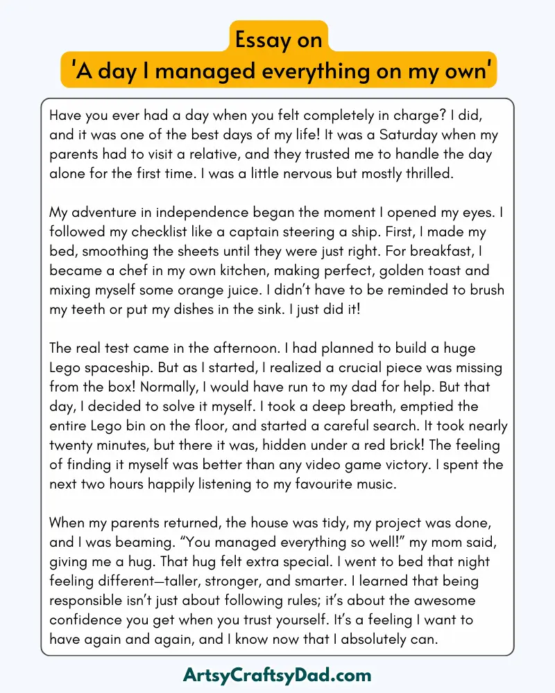 'A Day I Managed Everything on My Own' - 300 Words Essay for Grades 8 to 10 Students