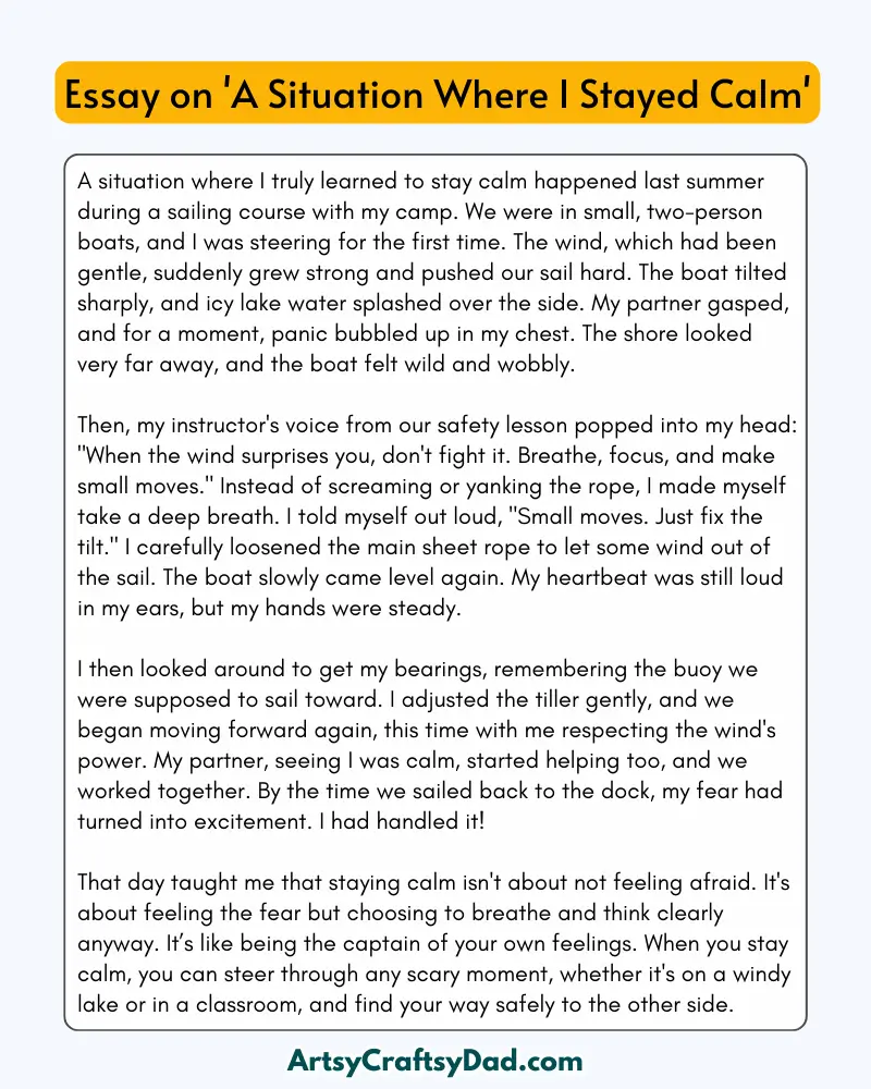 'A Situation Where I Stayed Calm' - 300 Words  Essay for Grades 8 to 10 Students