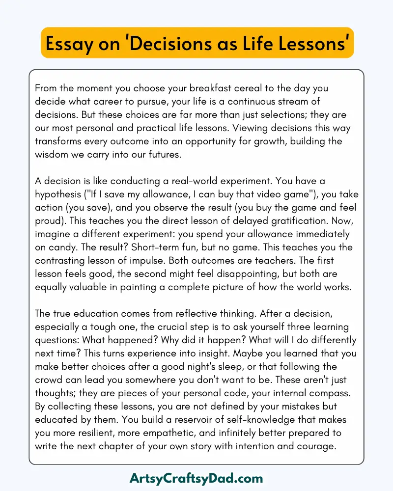 'Decisions as Life Lessons' - 300 Words Essay for Grades 6 to 9 Students