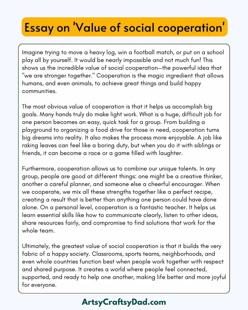 'Value of Social Cooperation' - 300 Words Essay for Grades 8 to 10 Students