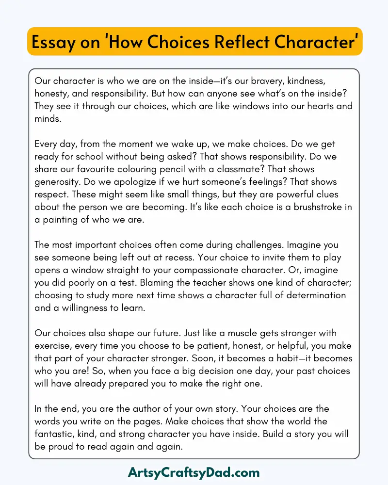 'How Choices Reflect Character' – 300 Words Essay for Grades 8 to 10 Students