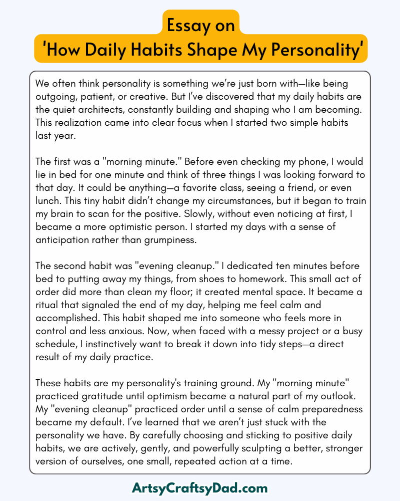 'How Daily Habits Shape My Personality' - 300 Words  Essay for Grades 8 to 10 Students
