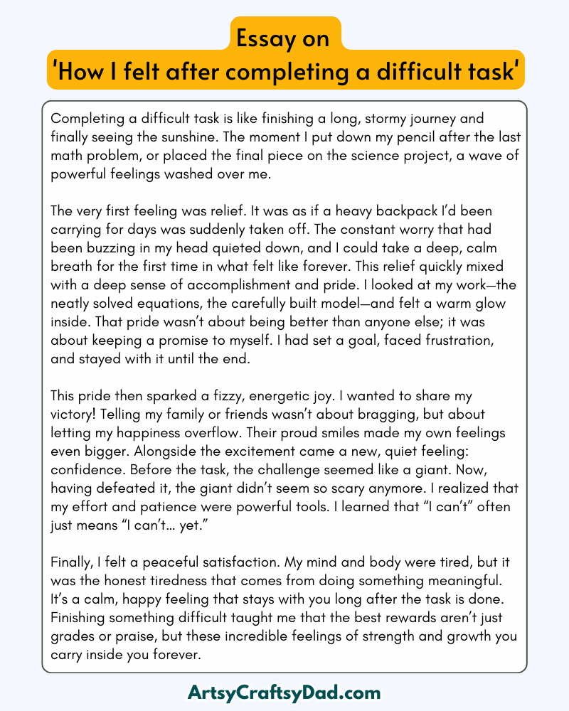 'How I Felt After Completing A Difficult Task' - 300 Words Essay for Grades 8 to 10 Students