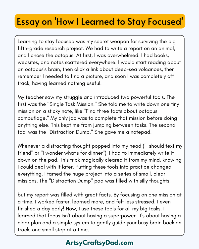 'How I Learned to Stay Focused' - 300 Words  Essay for Grades 9 to 10 Students