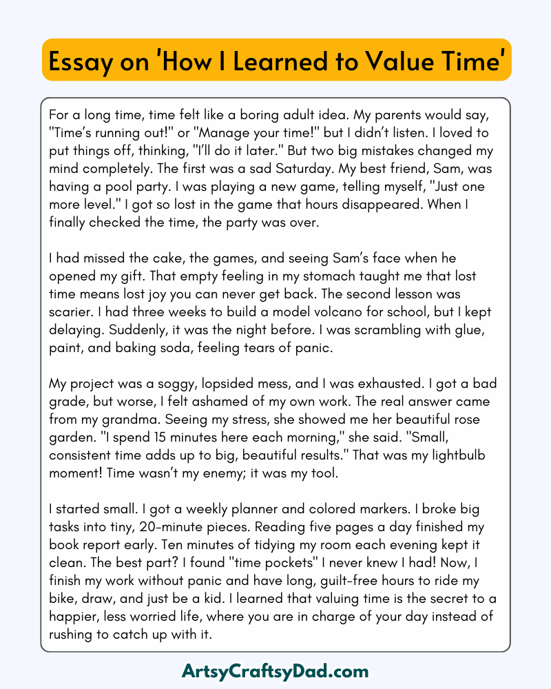 'How I Learned to Value Time' - 300 Words  Essay for Grades 8 to 10 Students