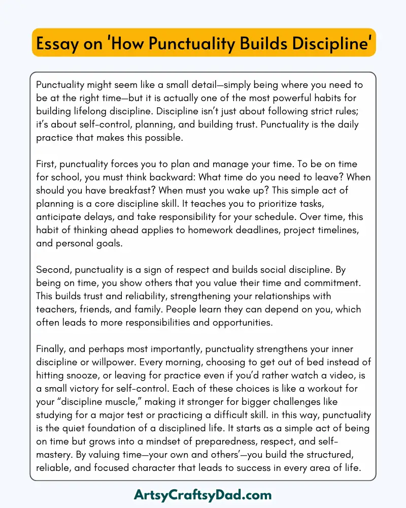 'How Punctuality Builds Discipline' - 300 Words Essay for Grades 8 to 10 Students