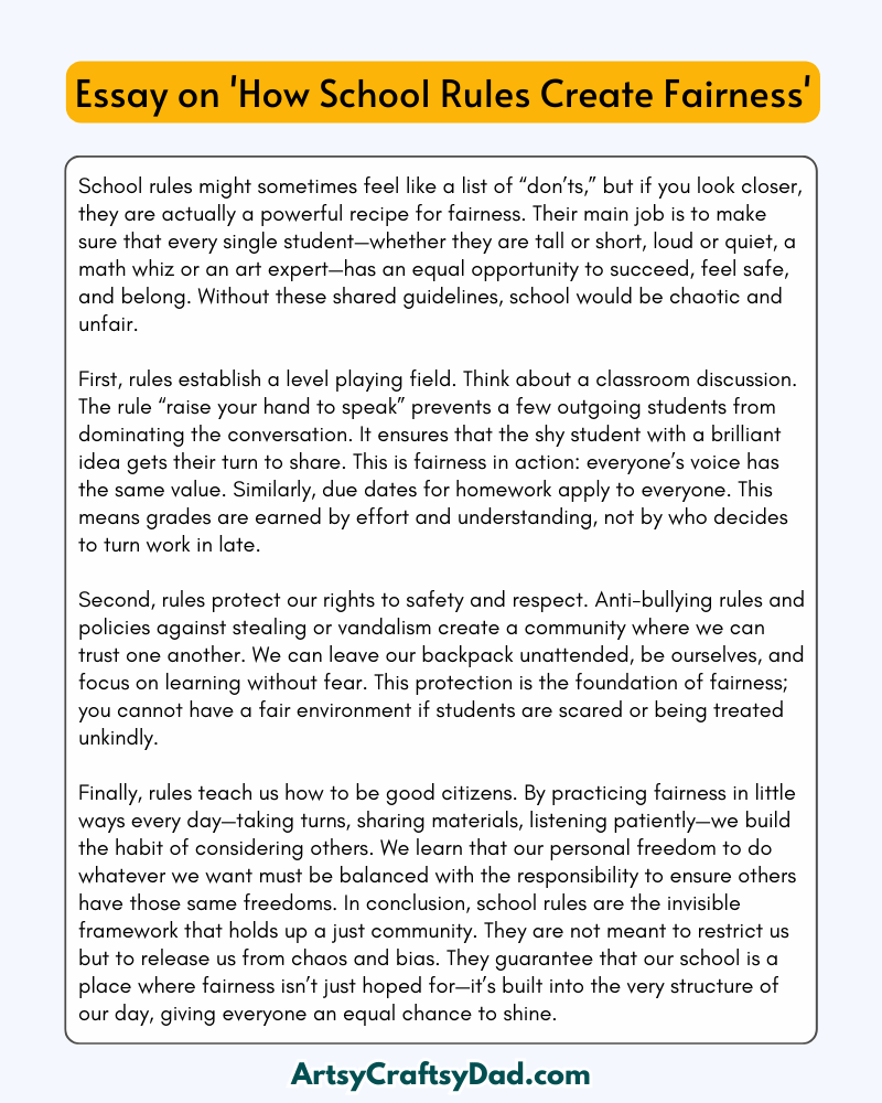 'How School Rules Create Fairness' - 300 Words  Essay for Grades 9 to 10 Students