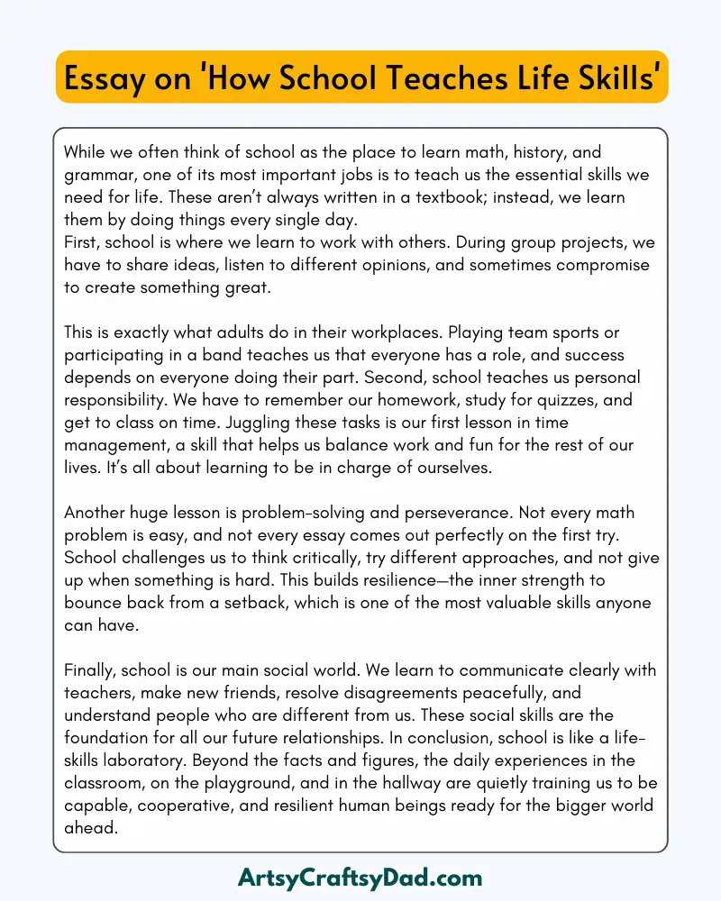 'How School Teaches Life Skills' - 300 Words  Essay for Grades 6 to 10 Students