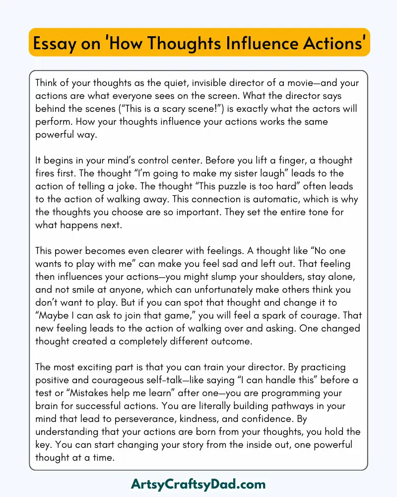 'How Thoughts Influence Actions' - 300 Words  Essay for Grades 8 to 10 Students
