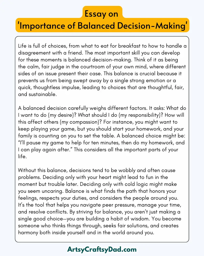 'Importance of Balanced Decision-Making' - 300 Words Essay for Grades 8 to 9 Students