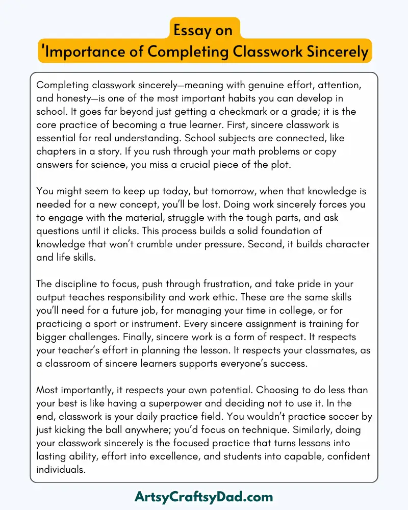 'Importance of Completing Classwork Sincerely' - 300 Words Essay for Grades 8 to 9  Students