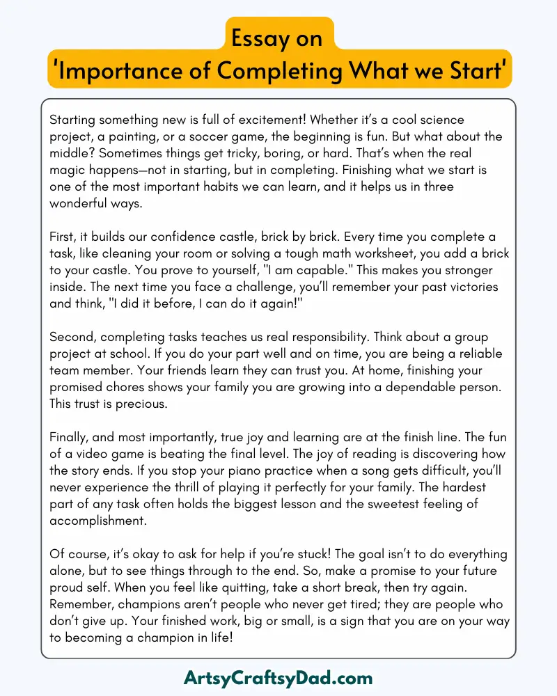 'Importance of Completing What we Start' - 300 Words Essay for Grades 8 to 10 Students