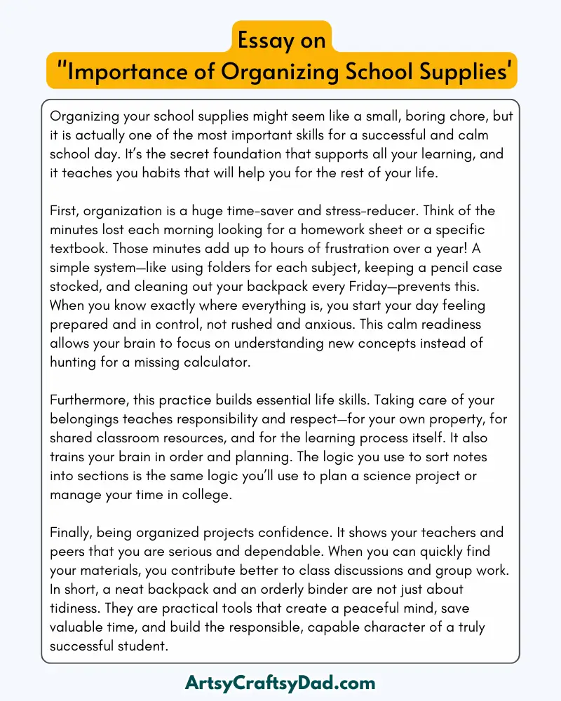 'Importance of Organizing School Supplies' - 300 Words  Essay for Grades 7 to 10 Students