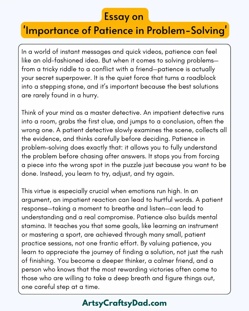 'Importance of Patience in Problem-Solving' - 300 Words Essay for Grades 7 to 10 Students