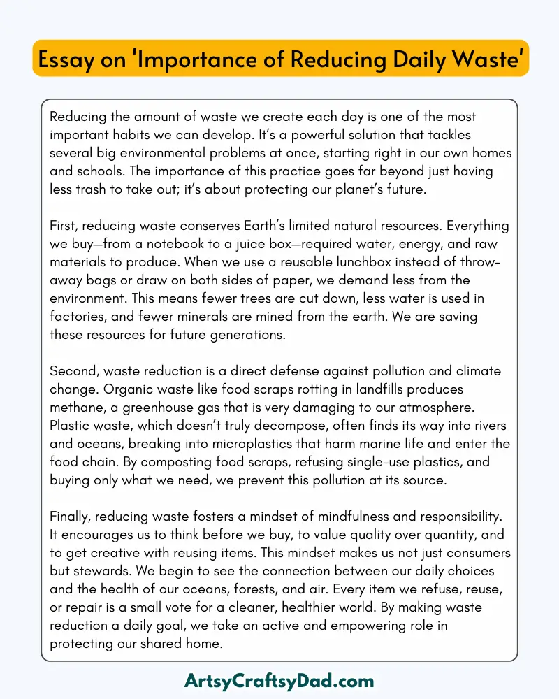 'Importance of Reducing Daily Waste' - 300 Words  Essay for Students in Grades 7 to 9 Students