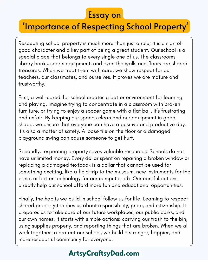'Importance of Respecting School Property' - 300 Words  Essay for Grades 7 to 10 Students