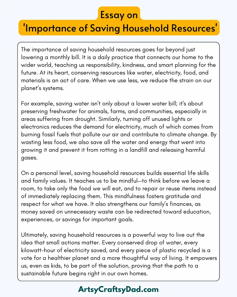 'Importance of Saving Household Resources' - 300 Words  Essay for Grades 7 to 8 Students