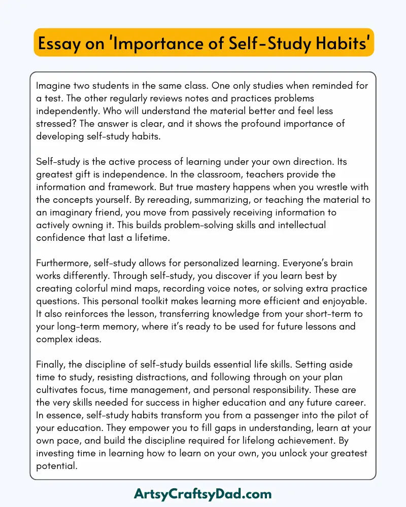 'Importance of Self-Study Habits' - 300 Words Essay for Grades 6 to 9 Students