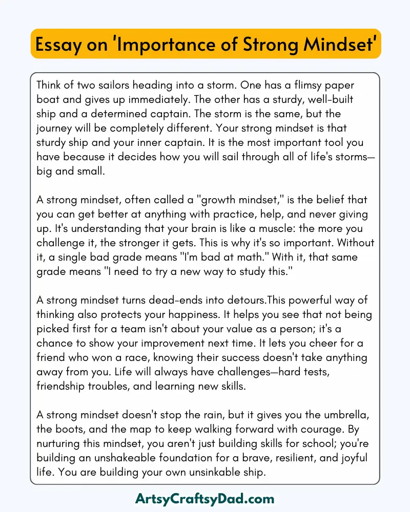 'Importance of Strong Mindset' - 300 Words  Essay for Grades 7 to 8 Students