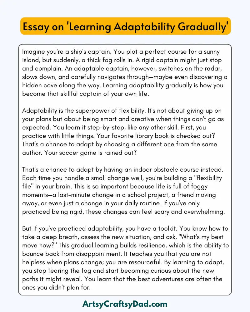 'Learning Adaptability Gradually' - 300 Words  Essay for Grades 9 to 10 Students