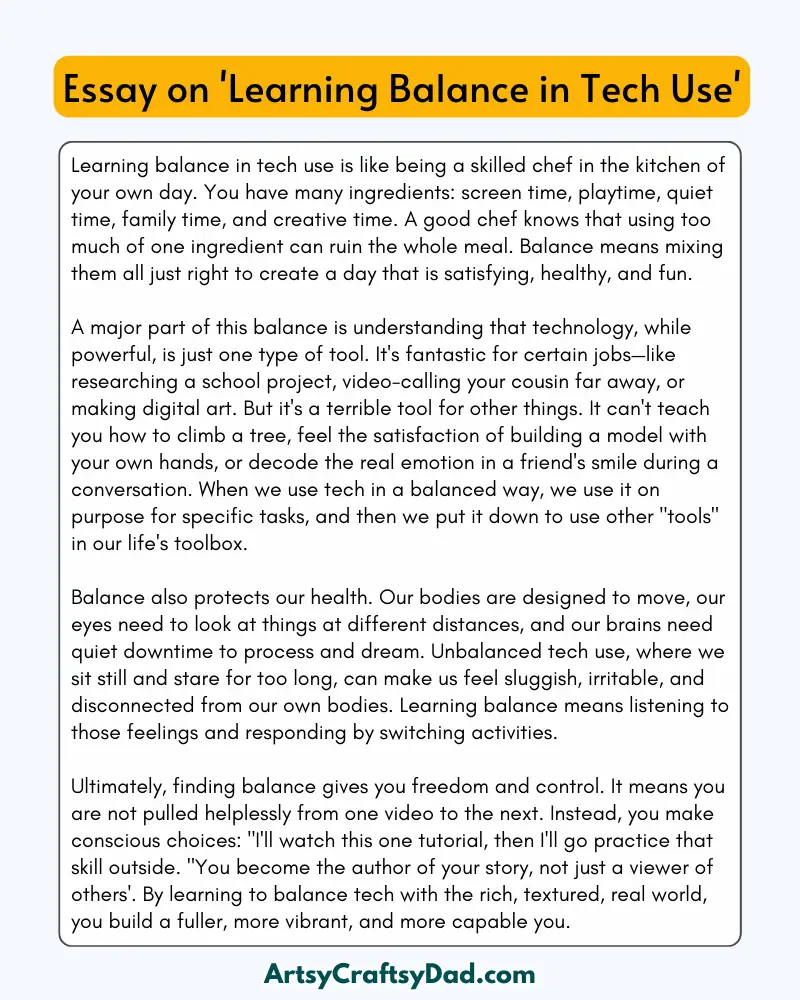 'Learning Balance in Tech Use' - 300 Words  Essay for Grades 8 to 10 Students