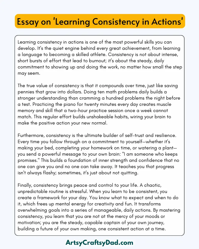 'Learning Consistency in Actions' - 300 Words  Essay for Grades 8 to 10 Students
