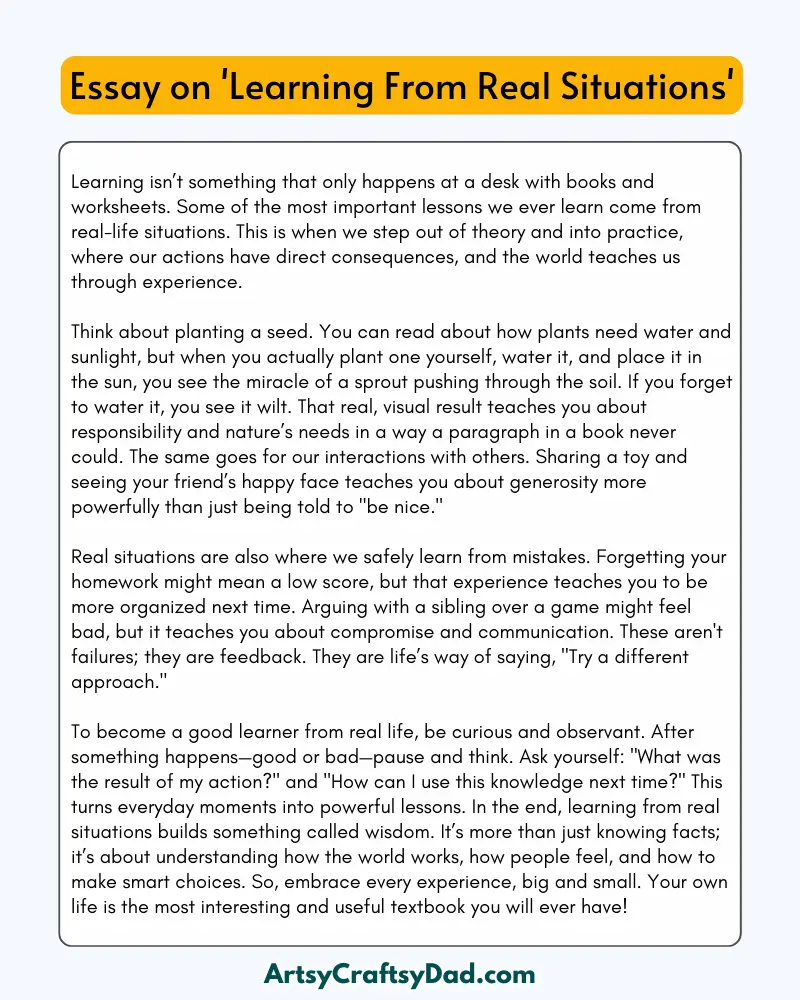 'Learning From Real Situations' - 300 Words Essay for Grades 8 to 10 Students
