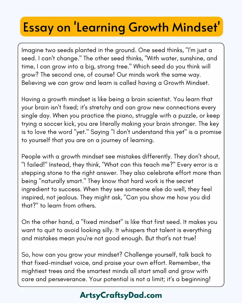 'Learning Growth Mindset' - 300 Words Essay for Grades 8 to 10 Students
