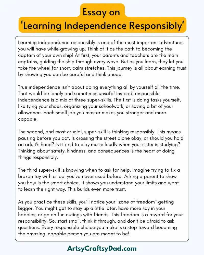 'Learning Independence Responsibly' - 300 Words Essay for Grades 8 to 10 Students