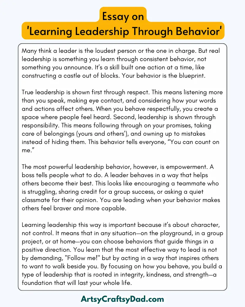 'Learning Leadership Through Behavior' - 300 Words  Essay for Grades 9 to 10 Students