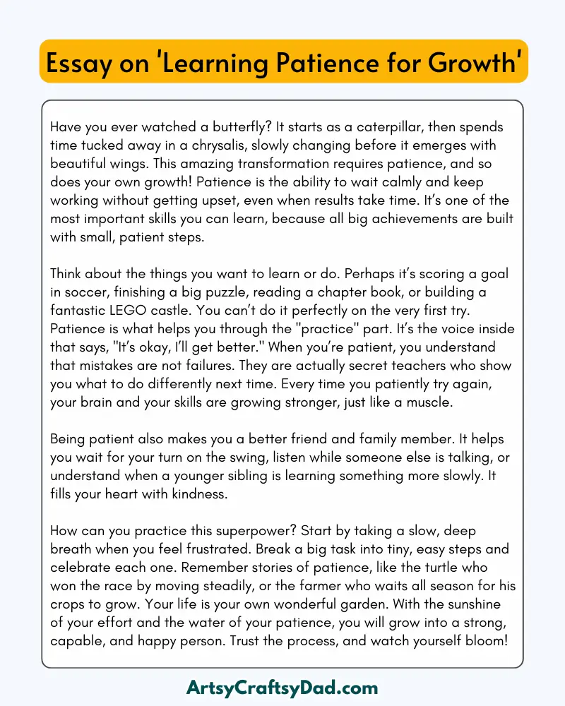 'Learning Patience for Growth' – 300 Words Essay for Grades 8 to 10 Students