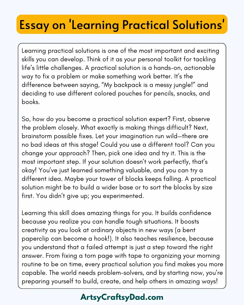 'Learning practical solutions' – 300 Words Essay for Grades 8 to 10 Student