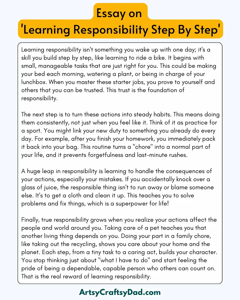 'Learning Responsibility Step By Step' – 300 Words Essay for Grades 8 to 10 Students