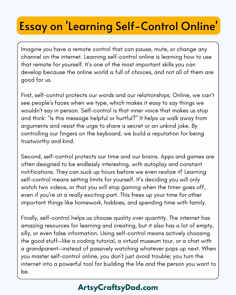 'Learning Self-Control Online' - 300 Words  Essay for Grades 7 to 10 Students