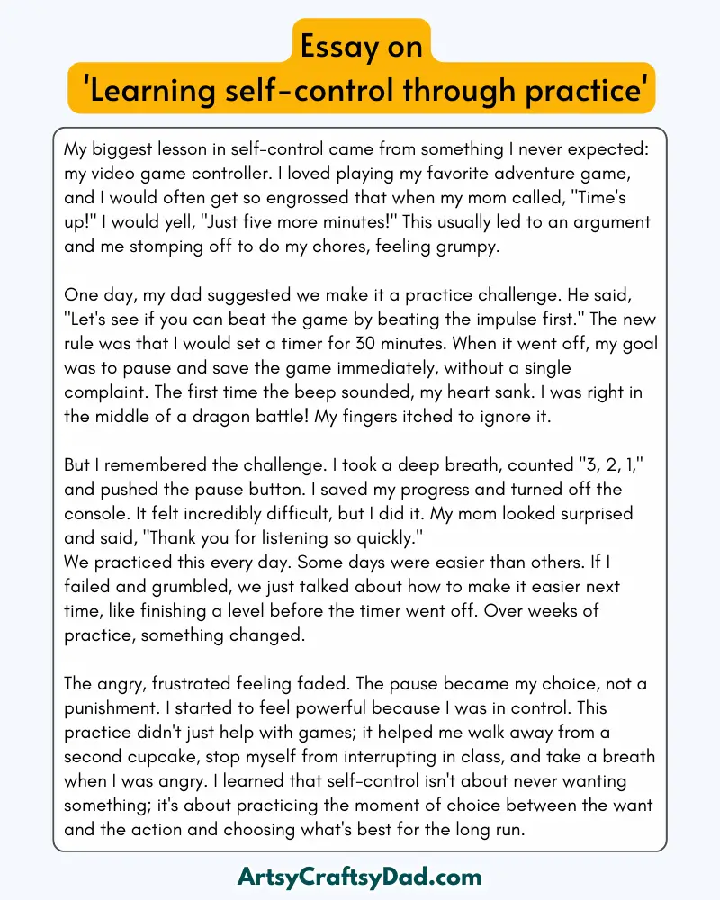 'Learning Self-Control Through Practice' - 300 Words Essay for Grades 8 to 10 Students