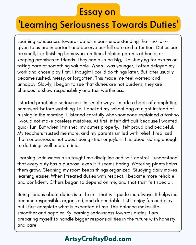 'Learning Seriousness Towards Duties' – 300 Words Essay for Grades 8 to 10 Students