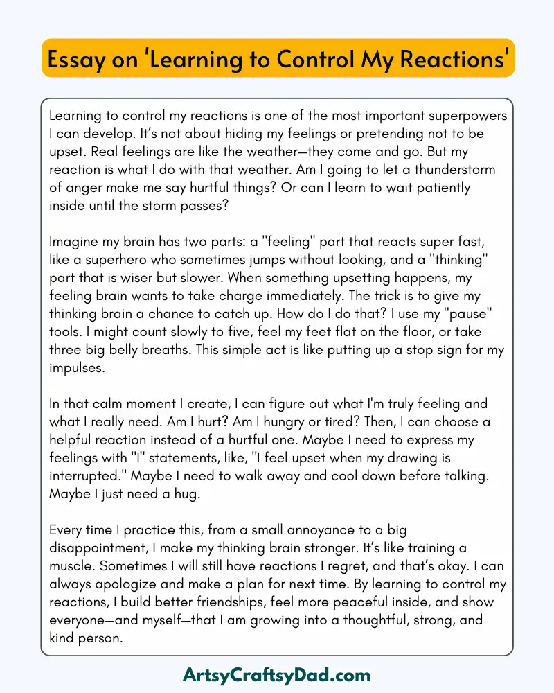 'Learning to Control My Reactions' - 300 Words  Essay for Grades 8 to 10 Students