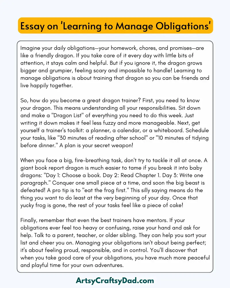 'Learning to Manage Obligations' - 300 Words Essay for Grades 8 to 10 Students